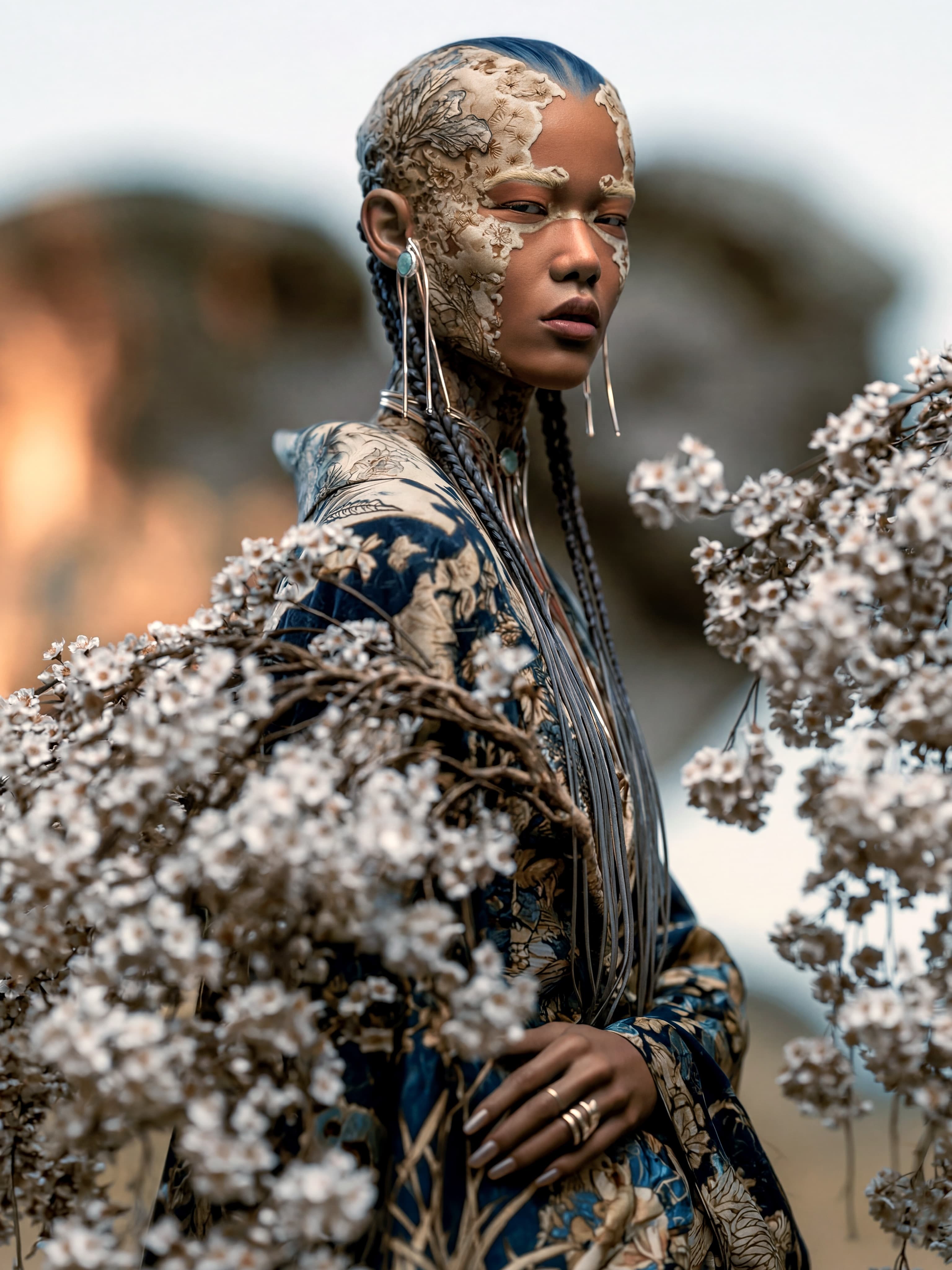 Portrait of a figure with floral face adornments and braids among pale blossoms