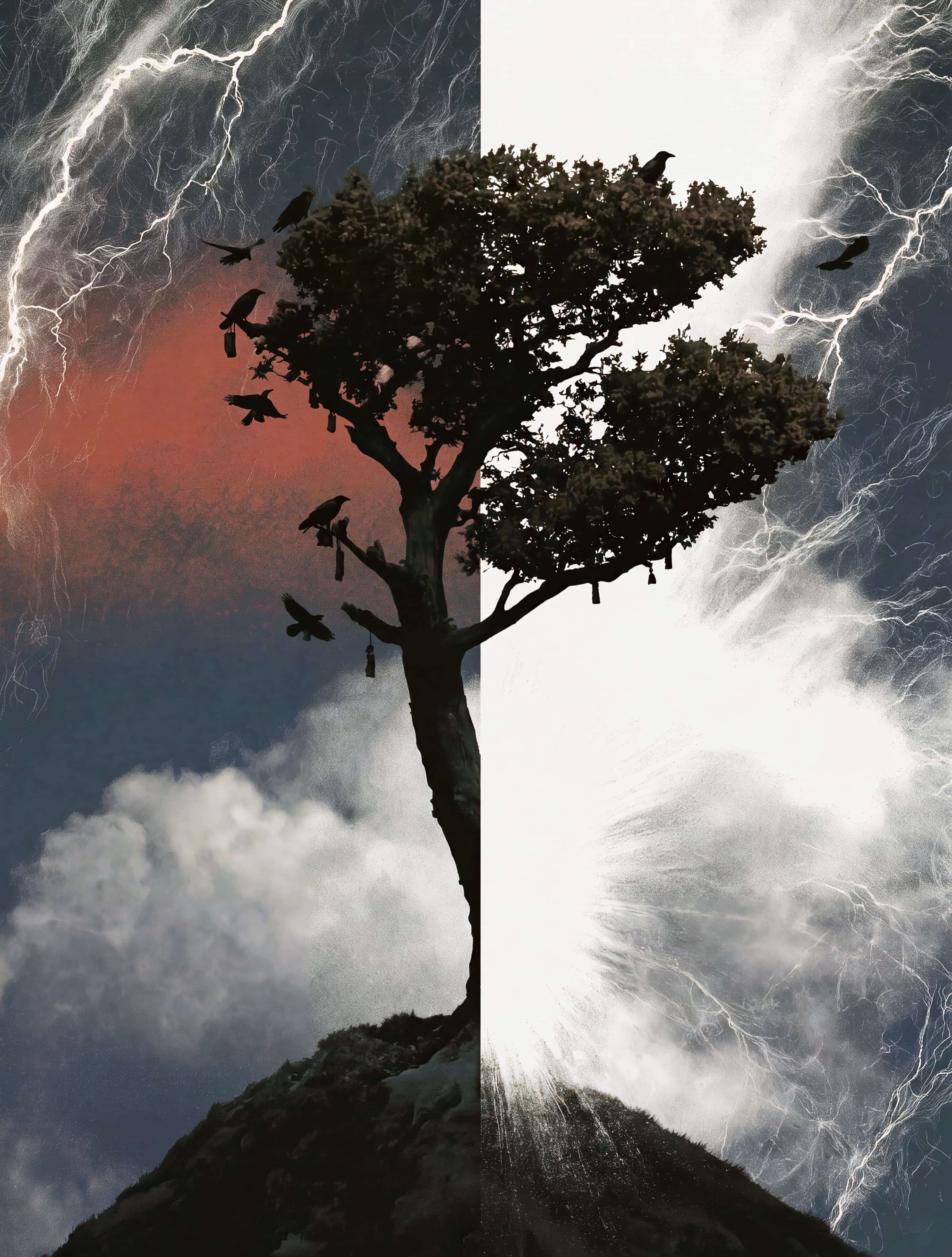 Split landscape with a large dark tree, birds, hanging cages, and branching white lightning