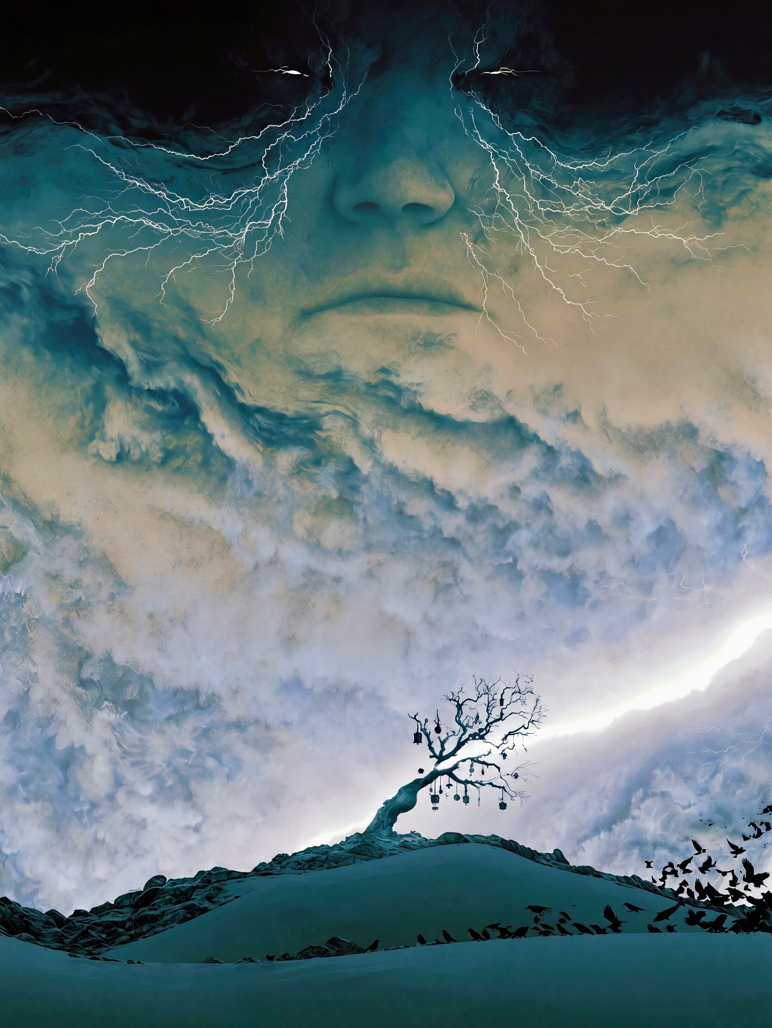 Cloudscape with a giant shadowed face, branching white lightning, and a small bare tree on a teal ridge